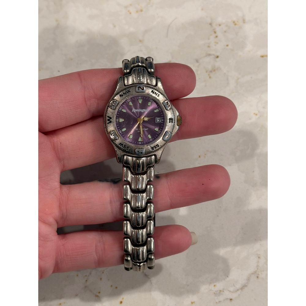 Vintage Remington Womens Watch Purple Dial Silver Tone Compass Bezel Untested